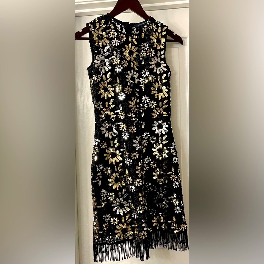 French Connection Sequin Fringe Mini Dress XS 0 Gold Silver Floral Cocktail Part